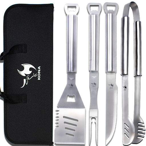 Kona Grill Tools Set - Stainless-Steel Spatula, Tongs, Fork, Knife, Openers & Case - The Kansas City BBQ Store