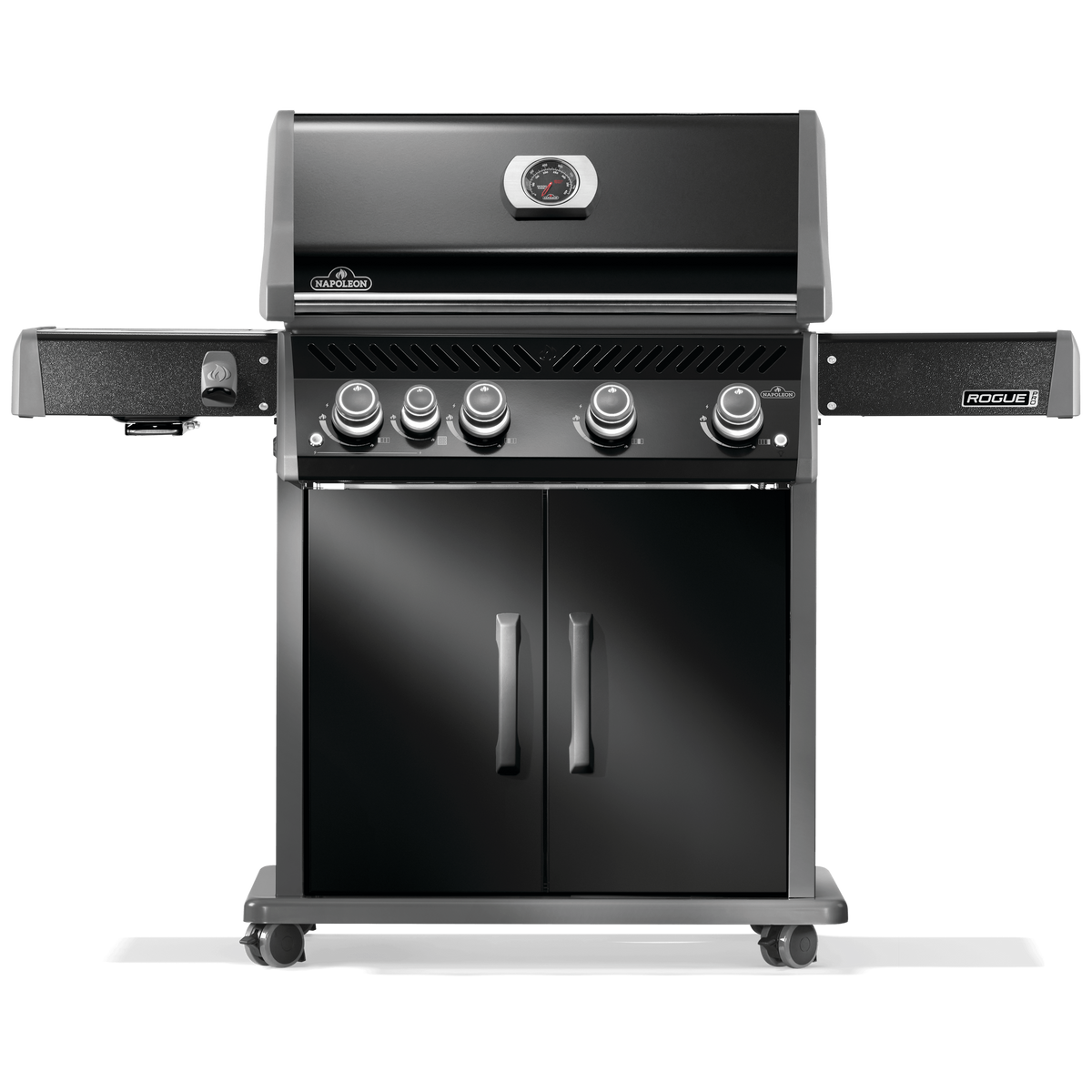 Napoleon Rogue PRO 525 Grill with four burners and infrared side burner in black.