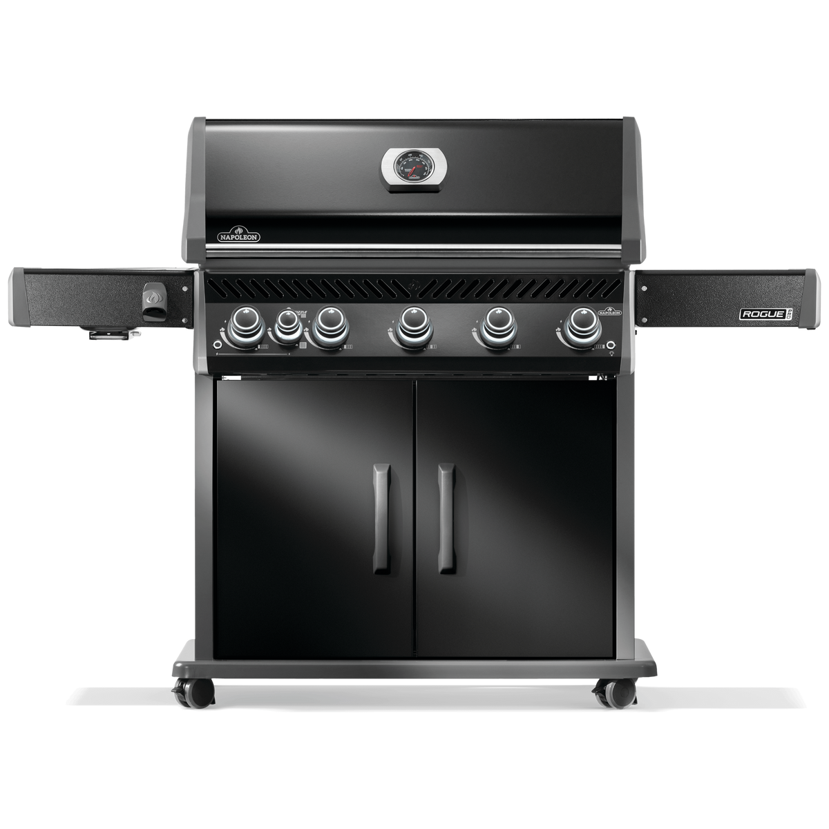 Napoleon Rogue PRO 625 grill in black with multiple burners, side shelves, and storage cabinet.