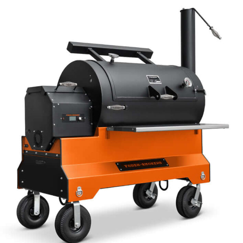 Yoder Smokers YS1500S pellet grill on competition cart – heavy-duty USA pellet smoker with storage drawer