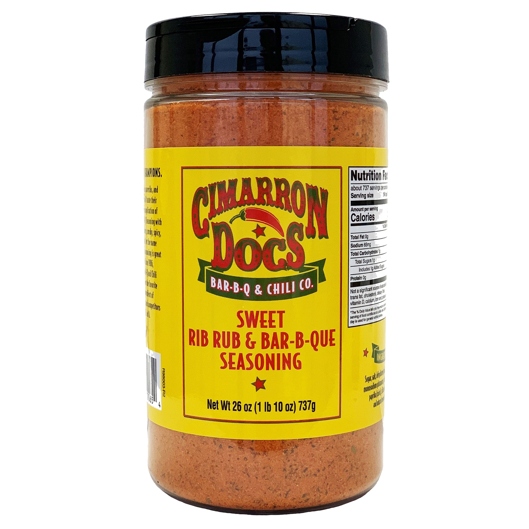 Cimarron Doc's BBQ seasonings sweet rib rub and bar-b-que seasoning jar with nutritional information.