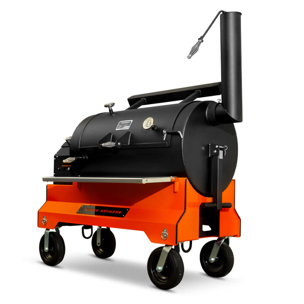 Yoder YS1500S pellet grill and smoker on steel competition cart with storage and large cooking chamber