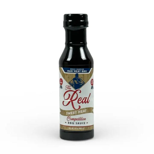 Man Meat BBQ Kansas City sweet heat BBQ sauce bottle showcasing rich flavors and a bold design.