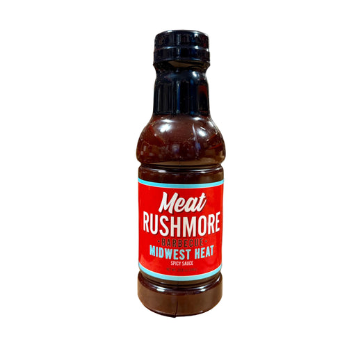 Meat Rushmore BBQ Midwest Heat BBQ Sauce bottle with spicy flavor for grilling and family meals.