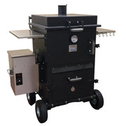 Black smoker grill on wheels in a room with white background