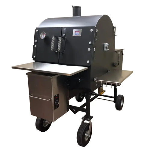 Pit-Boss smoker with stainless steel racks, featuring an efficient design and dual functionality for grilling and smoking.