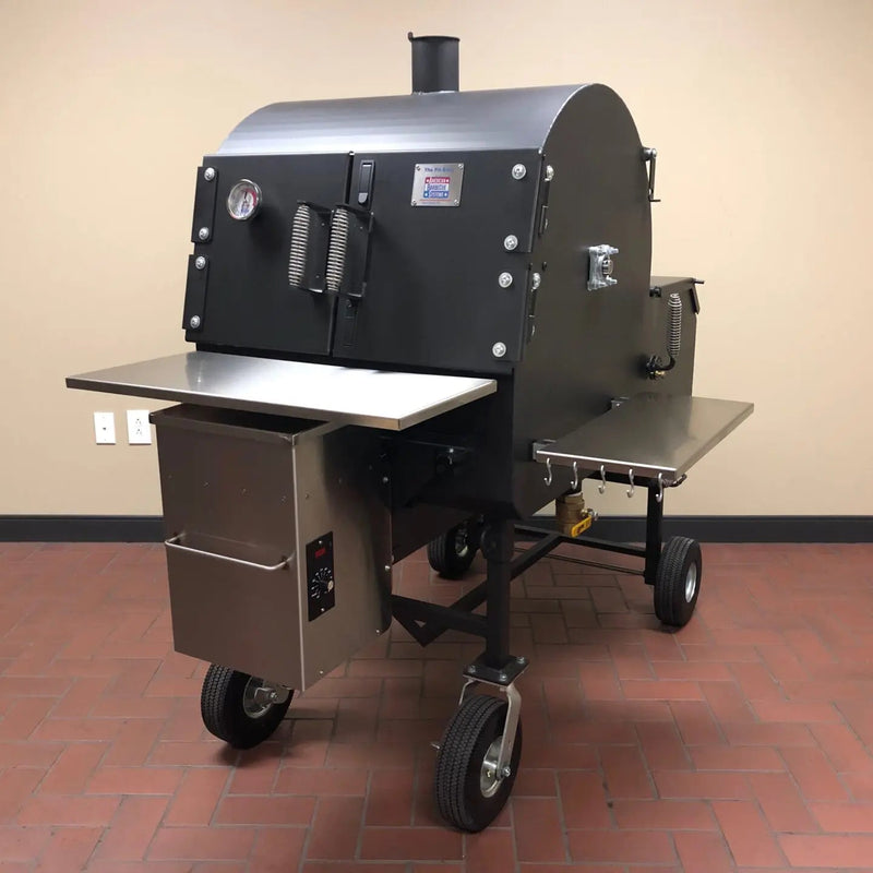 American Barbecue Systems Pit-Boss left-side view showing full unit with dual work shelves, hook rail, and pellet control box