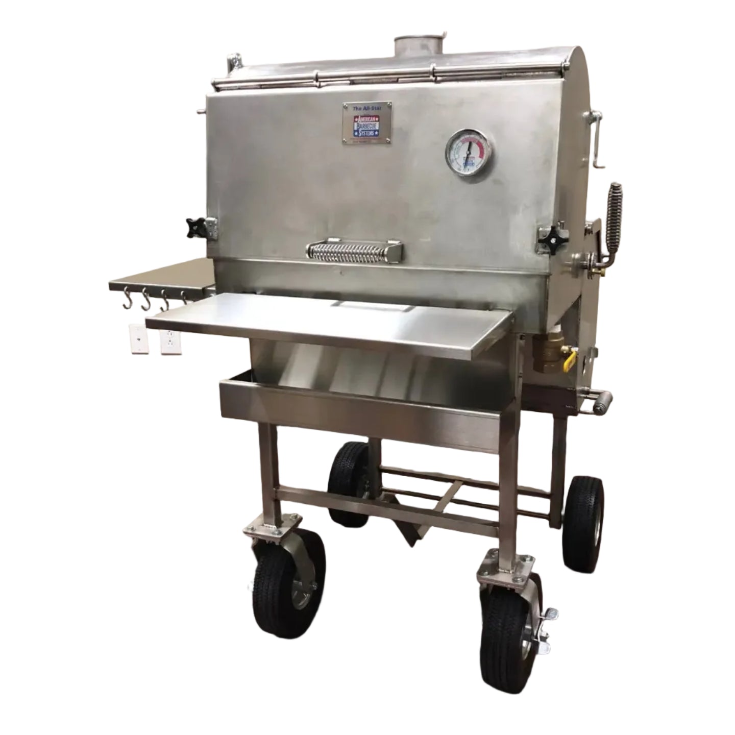 American Barbecue Systems Stainless Steel All-Star offset smoker front view, full stainless exterior with pneumatic wheels and work shelf