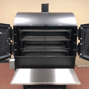 American Barbecue Systems Pit-Boss interior open view showing stainless rotisserie rack configuration
