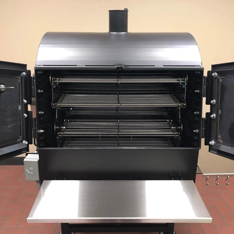 American Barbecue Systems Pit-Boss interior open view showing stainless rotisserie rack configuration
