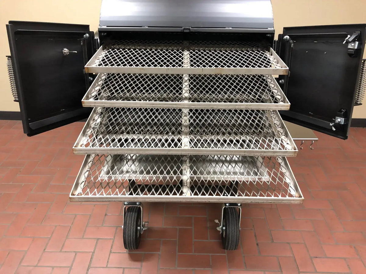 Pit-Boss smoker with stainless steel racks featuring multiple flat racks for versatile cooking options.