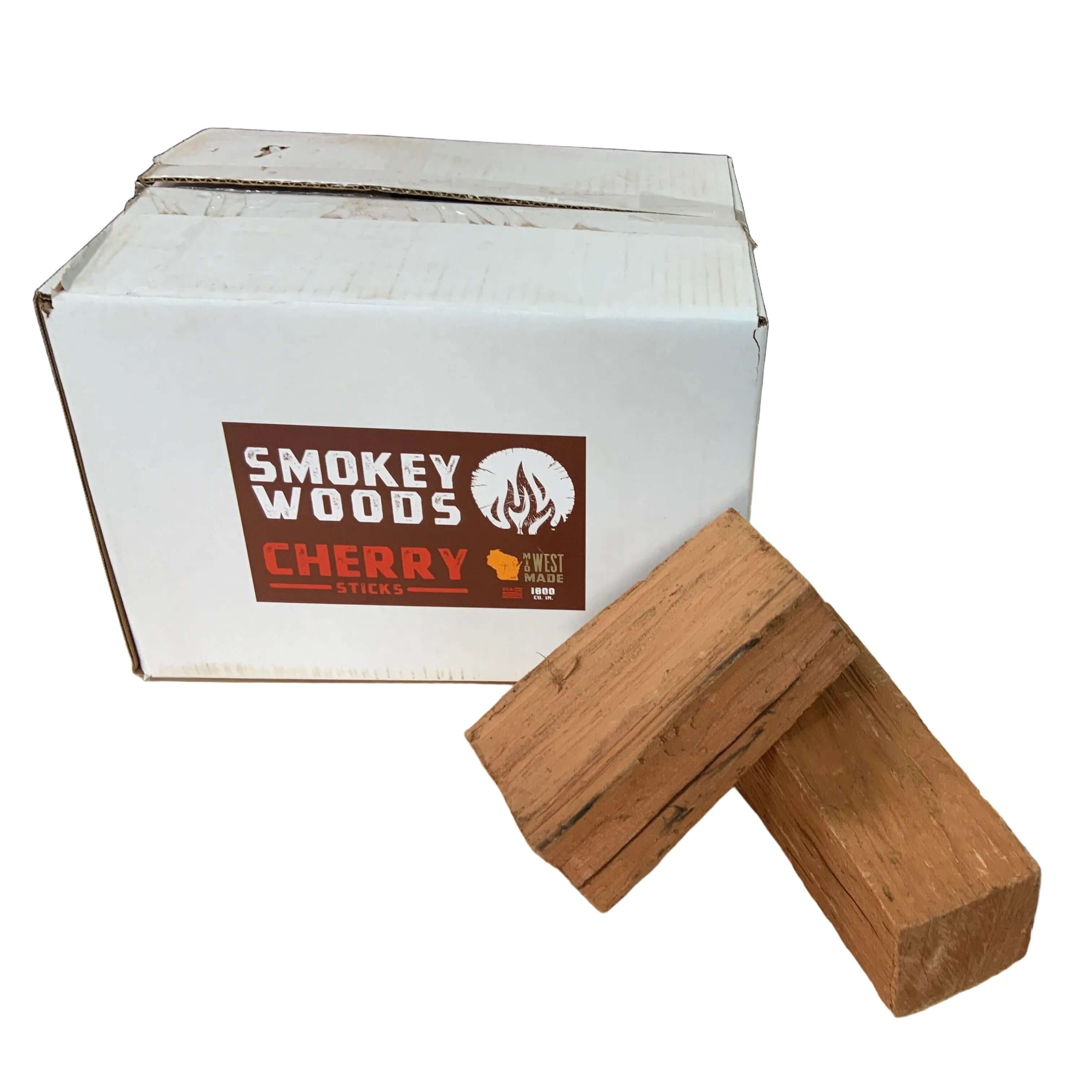 Smokey Woods Boxed Mini Log Wood Splits for BBQ and smoking, featuring premium cherry wood.