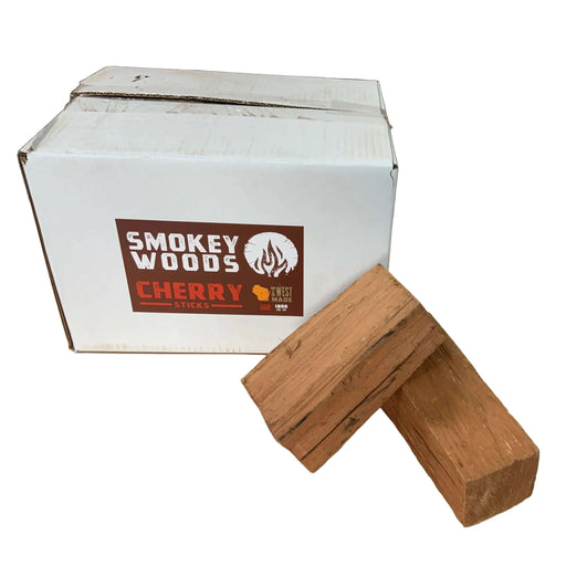 Smokey Woods Boxed Mini Log Wood Splits for BBQ and smoking, featuring premium cherry wood.