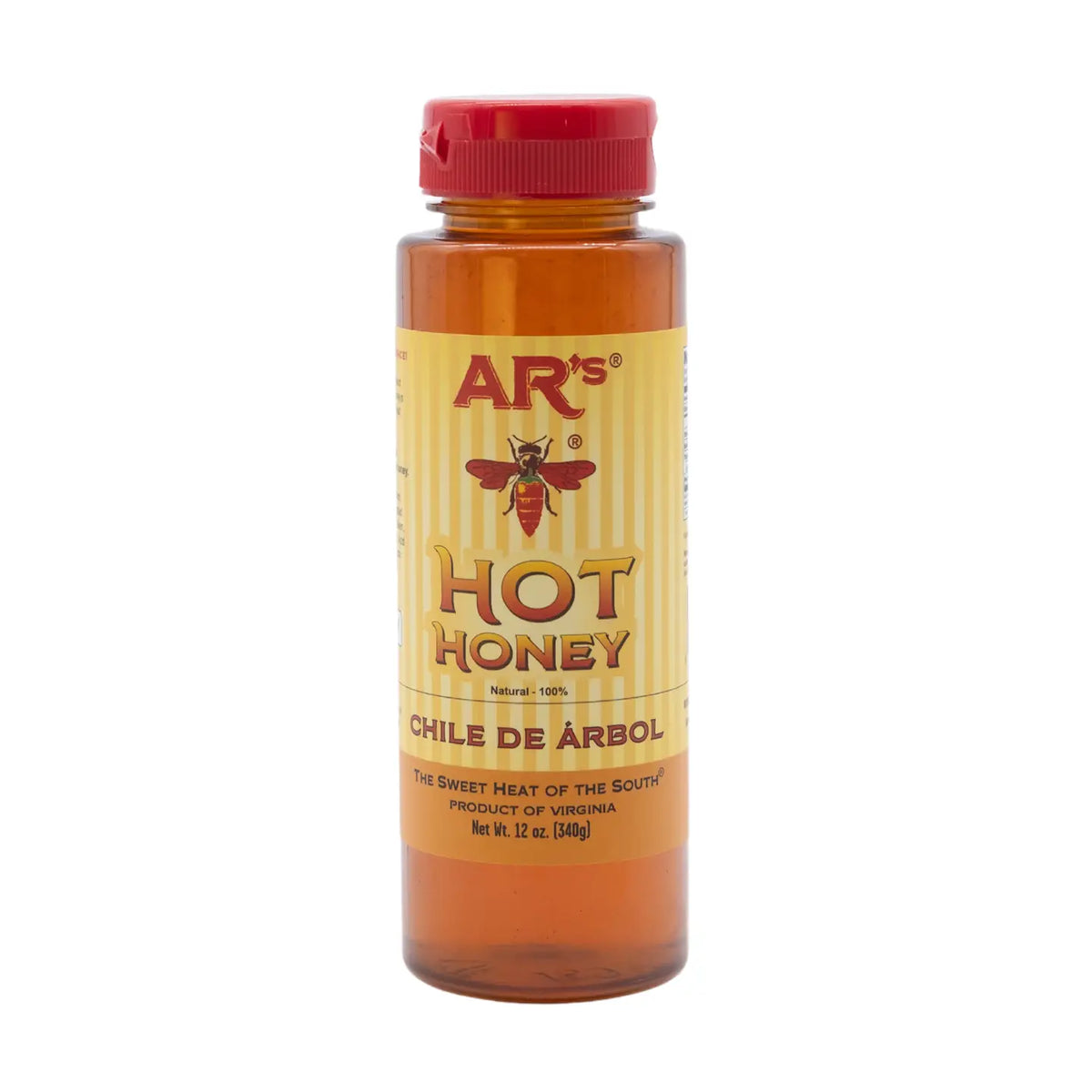AR's Hot-Mild Southern Chile De Arbol Honey bottle, showcasing chili infused honey for sweet and spicy flavor.