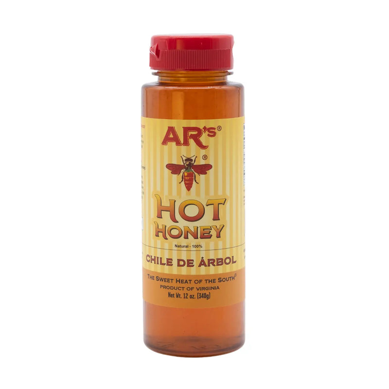 AR's Hot-Mild Southern Chile De Arbol Honey bottle, showcasing chili infused honey for sweet and spicy flavor.