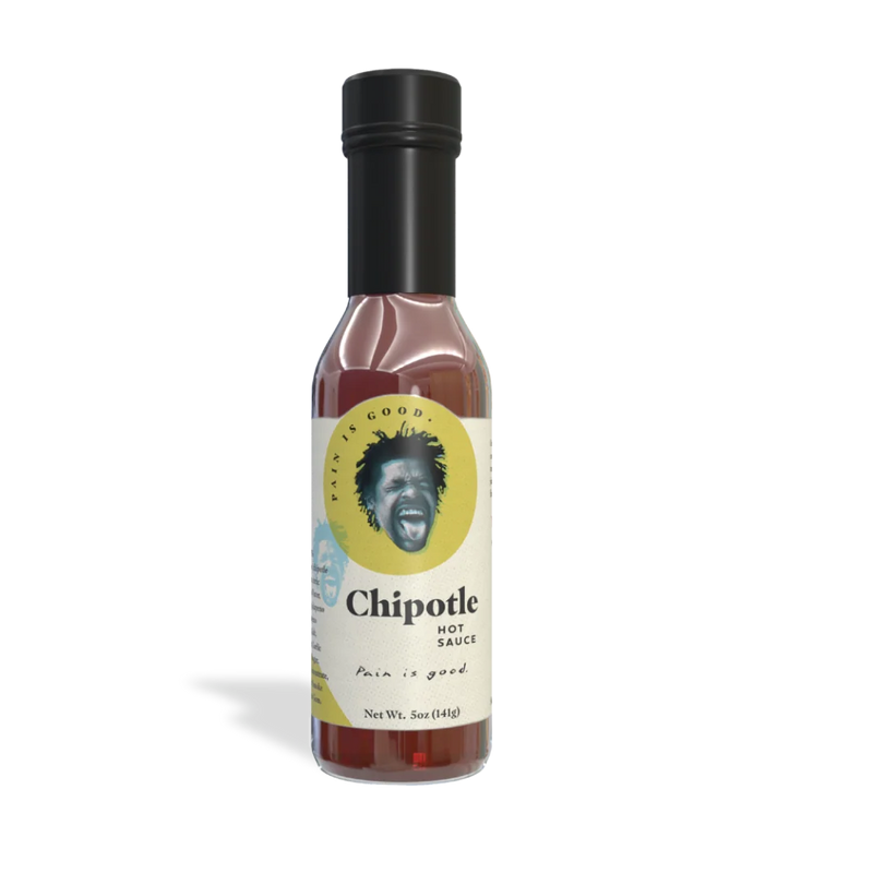 Pain Is Good Chipotle hot sauce bottle, 5 oz., featuring chipotle hot sauce flavor and vibrant packaging.