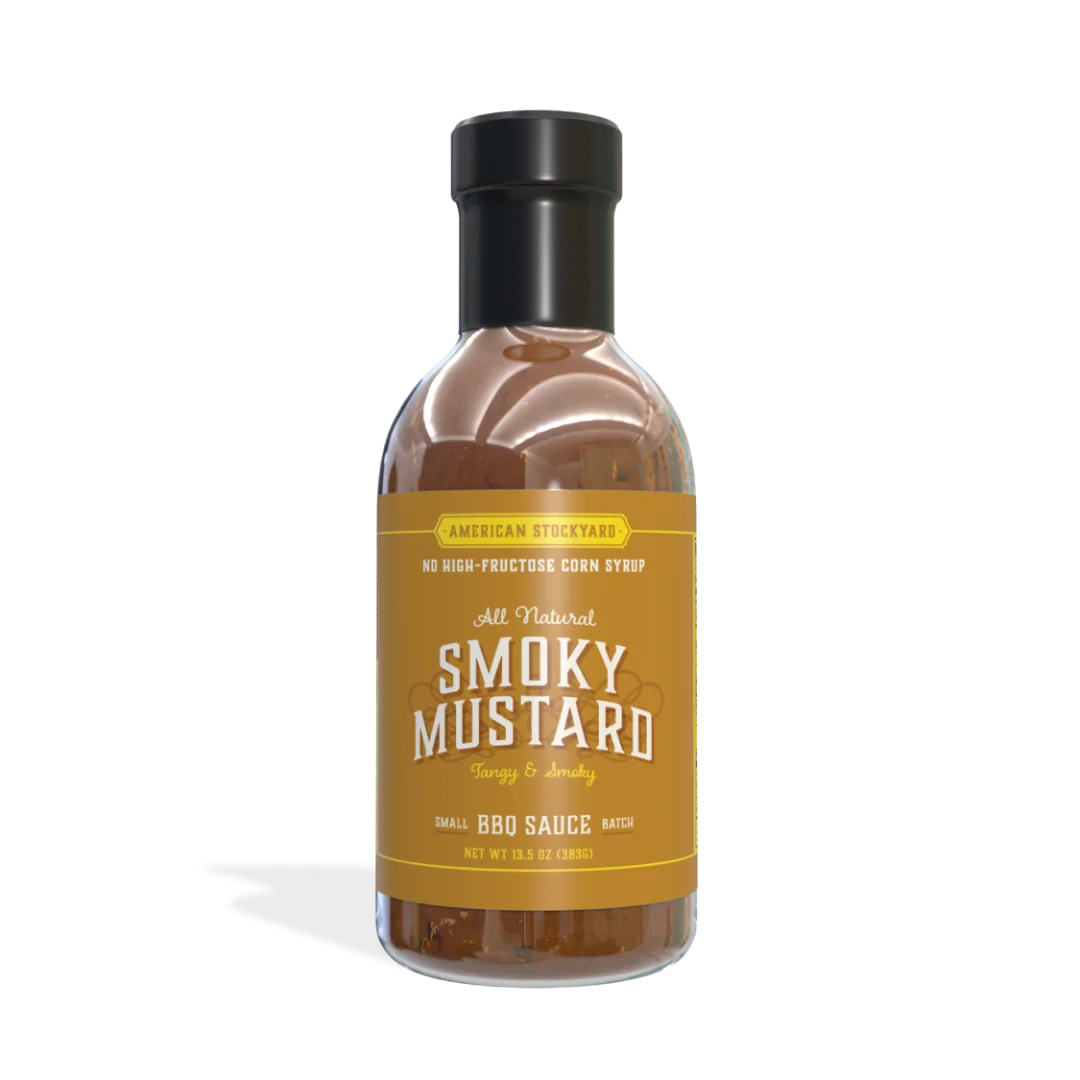 American Stockyard Smoky Mustard BBQ Sauce bottle showcasing its unique flavor and all natural ingredients.