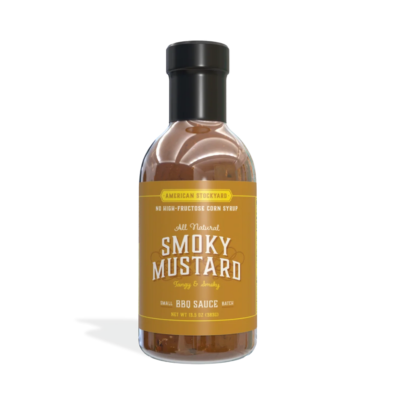 American Stockyard Smoky Mustard BBQ Sauce bottle showcasing its unique flavor and all natural ingredients.