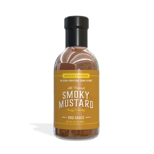 American Stockyard Smoky Mustard BBQ Sauce bottle showcasing its unique flavor and all natural ingredients.