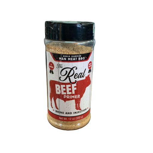 Man Meat BBQ The Real Beef Primer jar for beef injection marinade, enhancing flavor and moisture in your BBQ.