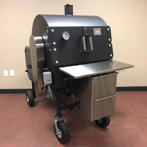 American Barbecue Systems Pit-Boss right-side view showing pellet hopper, stainless work shelf, and pneumatic wheels