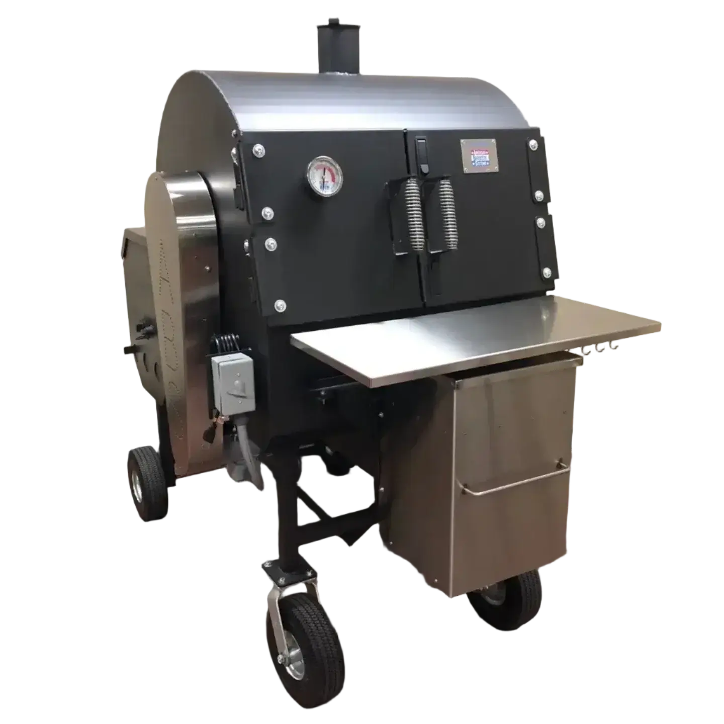 Pit-Boss smoker with stainless steel racks featuring a sleek design and flat work surface for grilling and smoking.