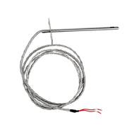 A stainless steel thermal probe with a long wire coil and a thin metal rod, featuring red and black wire leads at the end, shown on a plain white background.