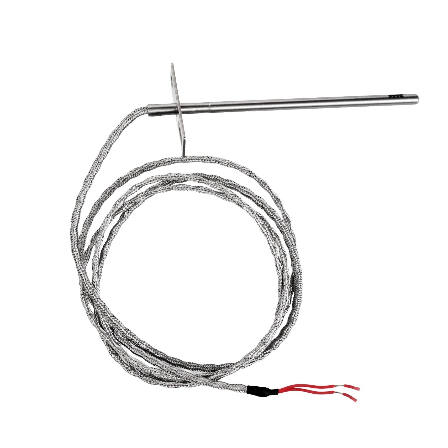 A stainless steel thermal probe with a long wire coil and a thin metal rod, featuring red and black wire leads at the end, shown on a plain white background.