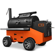 Yoder Smokers Cimarron competition smoker with wheels, front shelf, and heat management system.