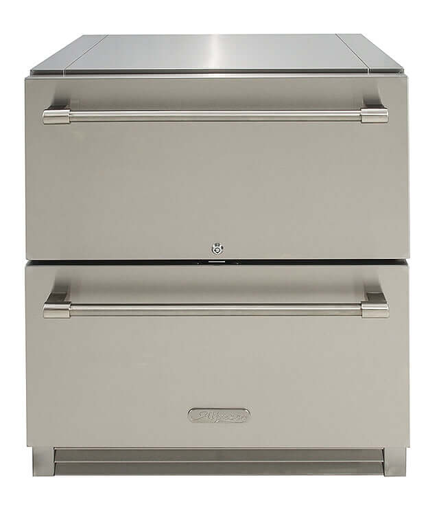 Alfresco 28" PolarCore™ outdoor undercounter refrigerator with two drawers and stainless steel finish.
