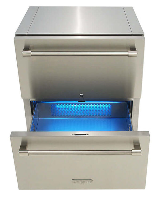 Alfresco 28" PolarCore™ outdoor undercounter refrigerator with two drawers and LED lighting.