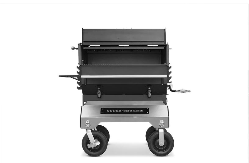 Yoder Smokers Flat Top 24 x 36" charcoal grill on competition cart, designed for precision and competition charcoal grill performance.