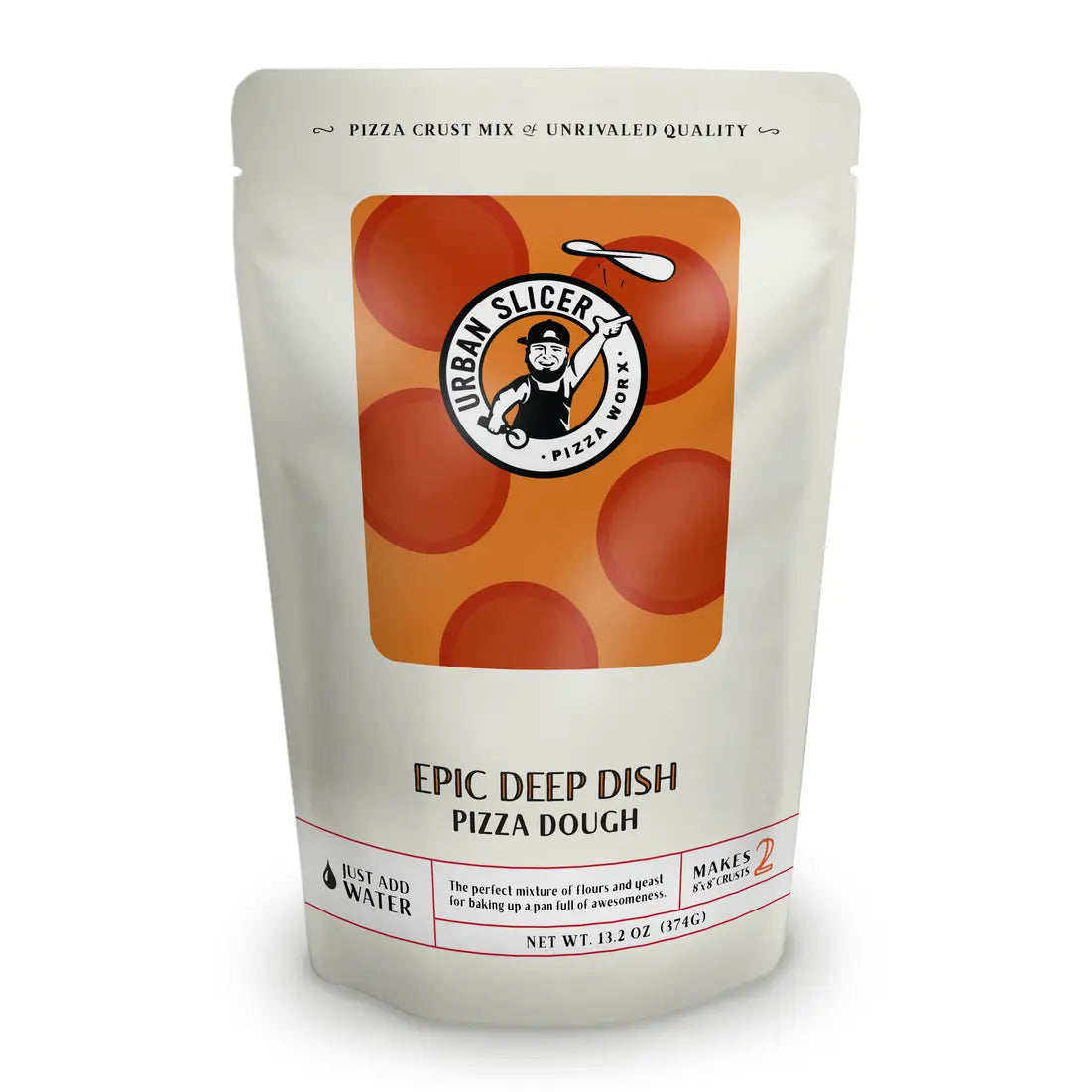 A stand-up pouch of Urban Slicer 'Epic Deep Dish' Pizza Dough on a clean white background. The packaging is primarily white with a prominent orange graphic window showing red-orange circles, and the circular Urban Slicer logo in the center.