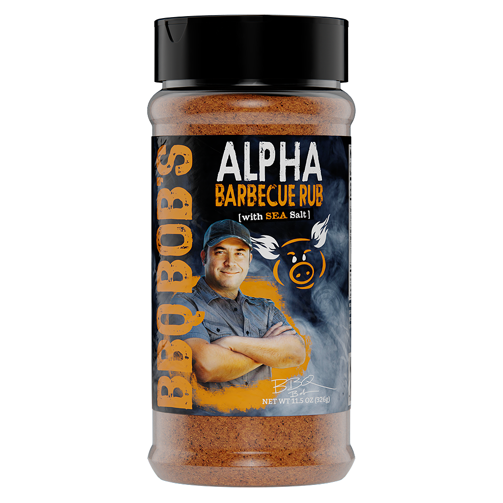 Bobby T's Alpha Barbecue Rub 11.5 oz bottle, a competition barbecue rub that delivers rich flavor and color for grilling perfection.