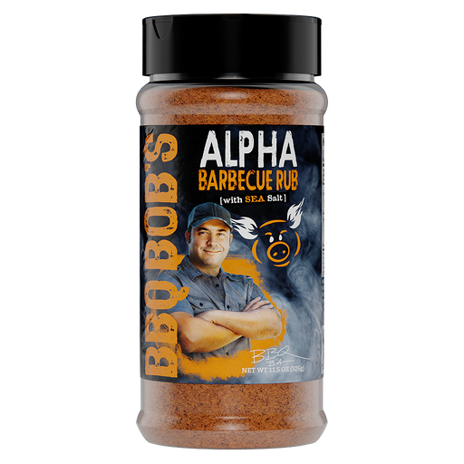 Bobby T's Alpha Barbecue Rub 11.5 oz bottle, a competition barbecue rub that delivers rich flavor and color for grilling perfection.