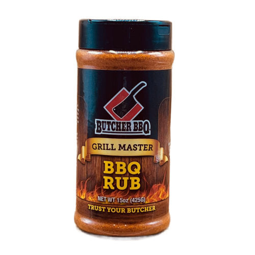 Butcher BBQ Grill Master BBQ Rub bottle, a top BBQ grill rub for pitmasters, features sweet and smoky flavors.