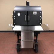 American Barbecue Systems Pit-Boss front view showing double-door smokebox, temperature gauge, and stainless work shelf with storage drawer
Image