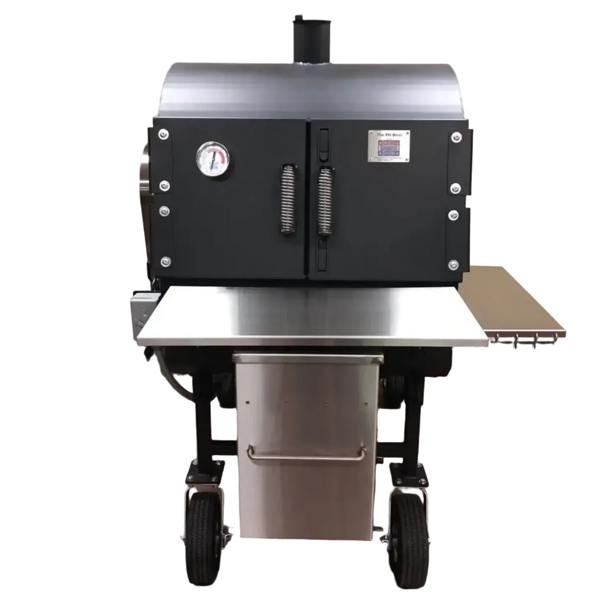 Pit-Boss smoker with stainless steel racks, featuring a digital thermometer and ample cooking workspace.