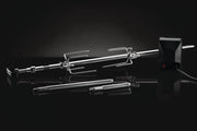 Heavy duty rotisserie kit for charcoal grills featuring stainless steel spit rod and commercial grade motor.