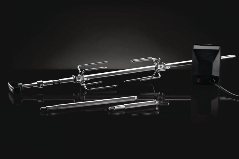 Heavy duty rotisserie kit for charcoal grills featuring stainless steel spit rod and commercial grade motor.