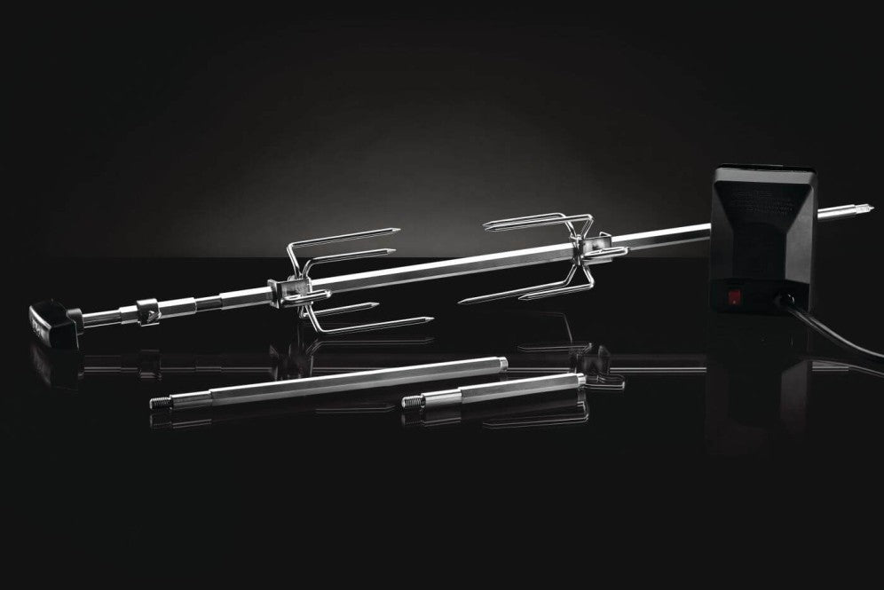 Heavy duty rotisserie kit for charcoal grills featuring stainless steel spit rod and commercial grade motor.