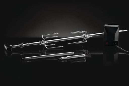 Heavy duty rotisserie kit for charcoal grills featuring stainless steel spit rod and commercial grade motor.