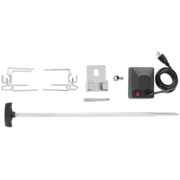 Heavy duty rotisserie kit for charcoal grills featuring stainless steel parts and commercial grade motor.
