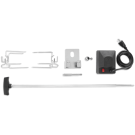 Heavy duty rotisserie kit for charcoal grills featuring stainless steel parts and commercial grade motor.