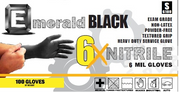 Emerald 6X Black XXL Nitrile Gloves packaging, featuring exam grade, non-latex, powder-free black nitrile gloves XXL.