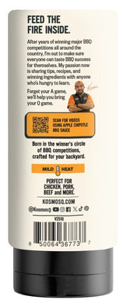 Kosmos Q Sweet Apple Chipotle BBQ Sauce bottle showcasing flavorful ingredients and BBQ competition background.