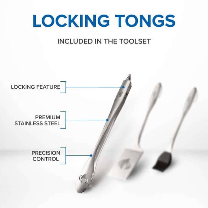 Napoleon Grills stainless steel grilling toolset featuring locking tongs with precision control and premium stainless steel.