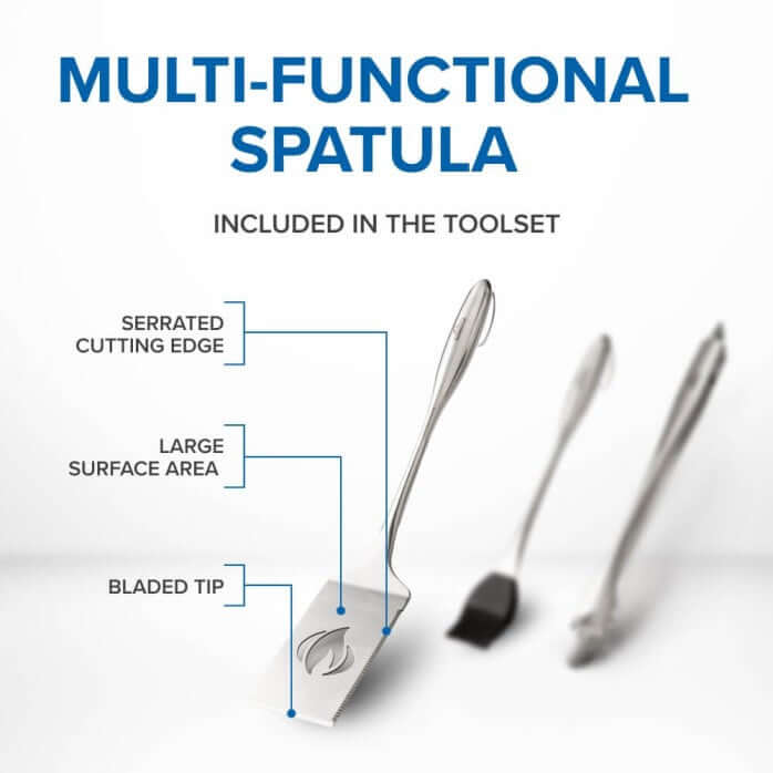 Multi-functional spatula included in the stainless steel grilling toolset with serrated cutting edge and bladed tip.