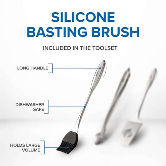 Silicone basting brush part of the stainless steel grilling toolset with long handle, dishwasher safe and holds large volume.