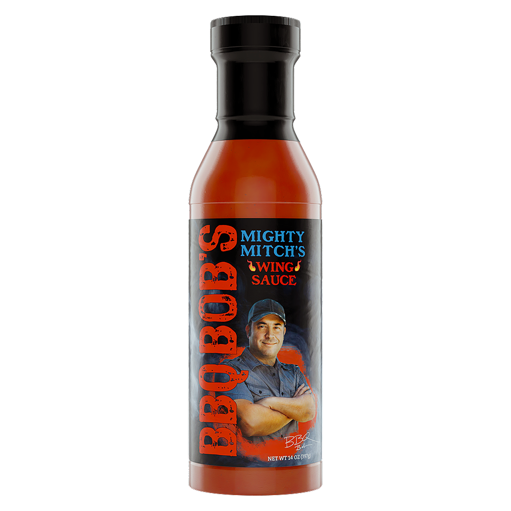 Bottle of BBQ Bob's Mighty Mitch's wing sauce, perfect for elevating your chicken wings.